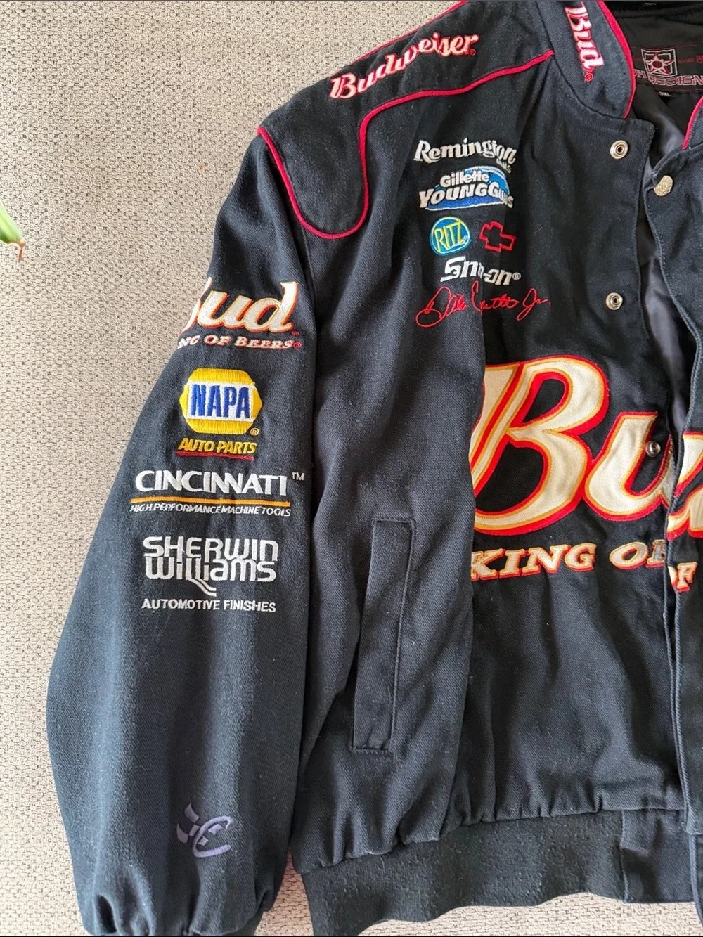 Budweiser Black Racing Patch Bomber Jacket with Red Trim